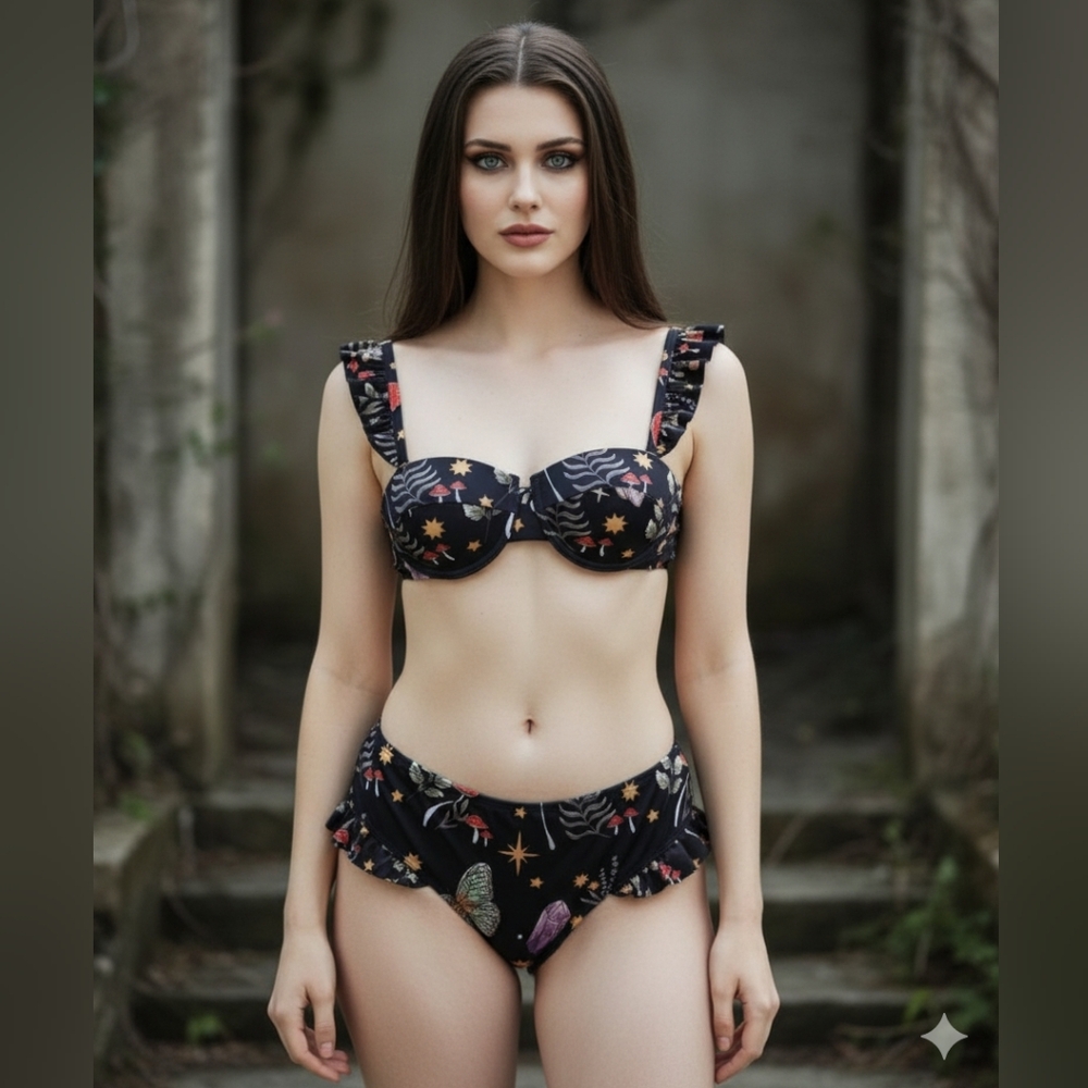 Magical Dark Forest Floral Black Ruffle Bikini